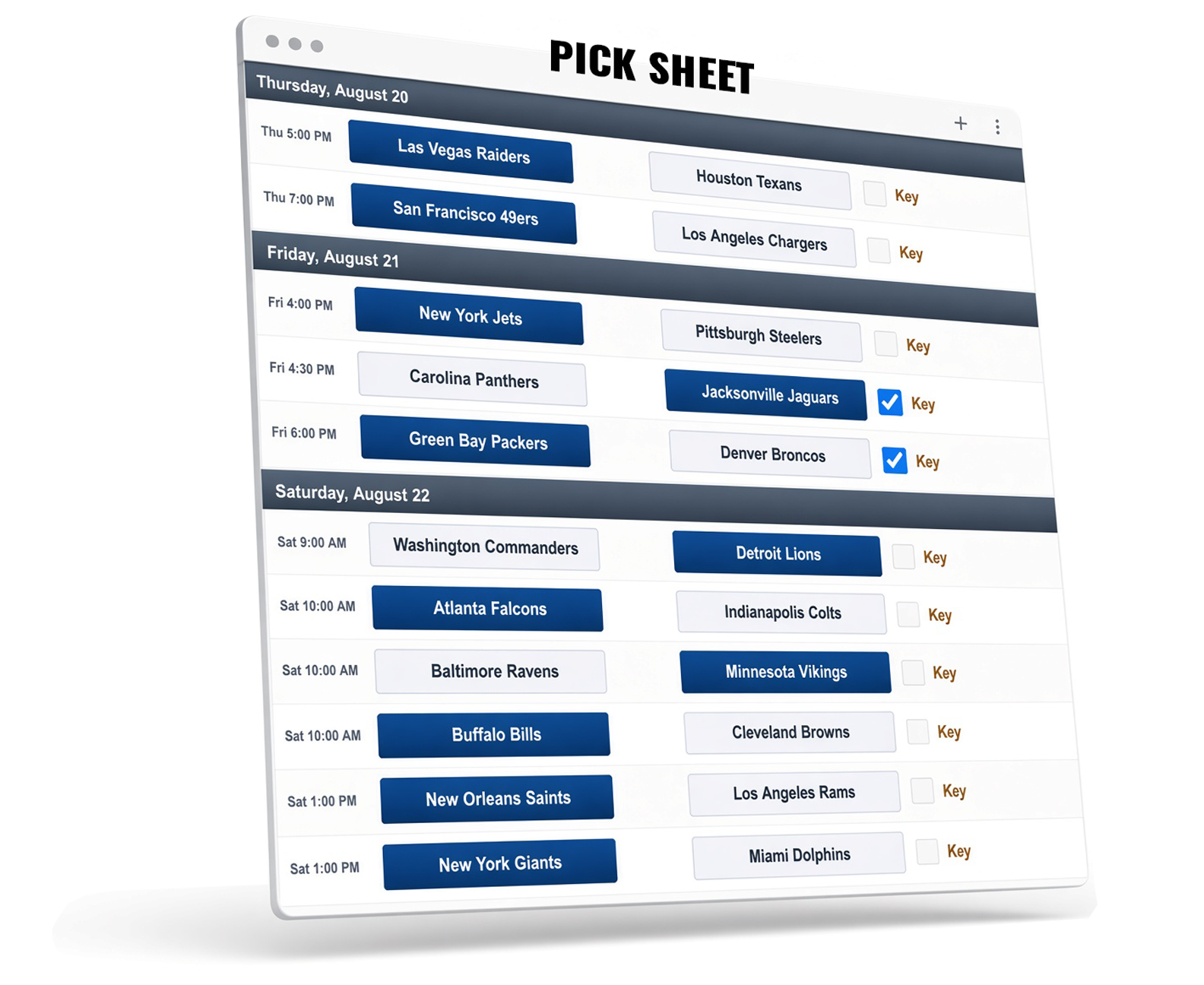 Preview of a REDZONEPicks pick sheet, with team picks and Key Pick checkboxes for each game